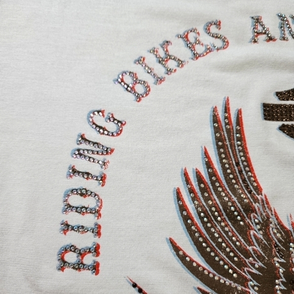 Harley-Davidson Riding Bikes Raising Hell Long Sleeve Cream Rhinestone Top Sz 1X - Picture 7 of 11